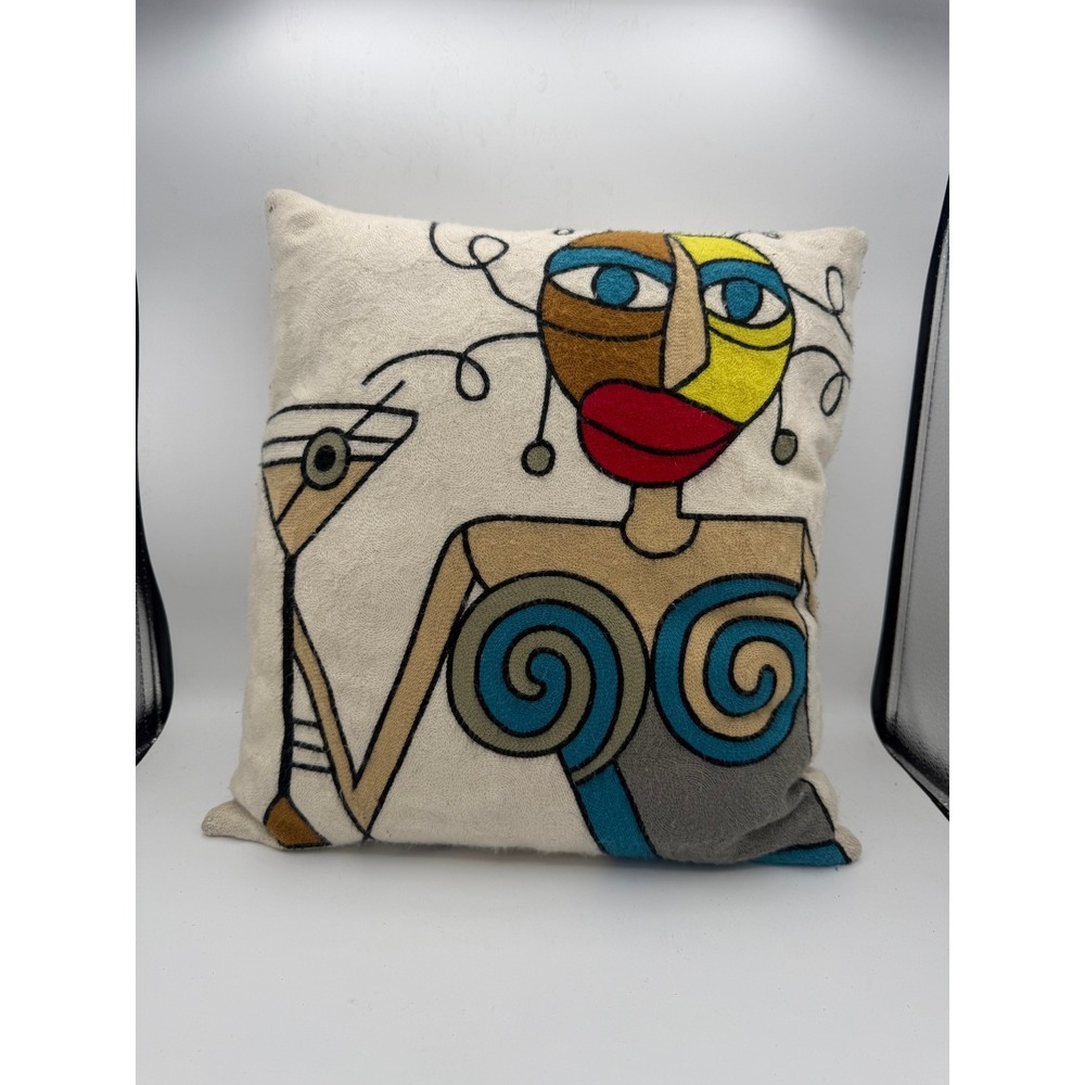 Abstract Cubist Portrait Chain Stitch Embroidered Throw Pillow Martini Woman